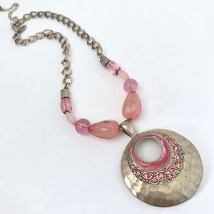 Laura Ashley Large Antiqued Gold-tone Pendant Pink Beaded Chain